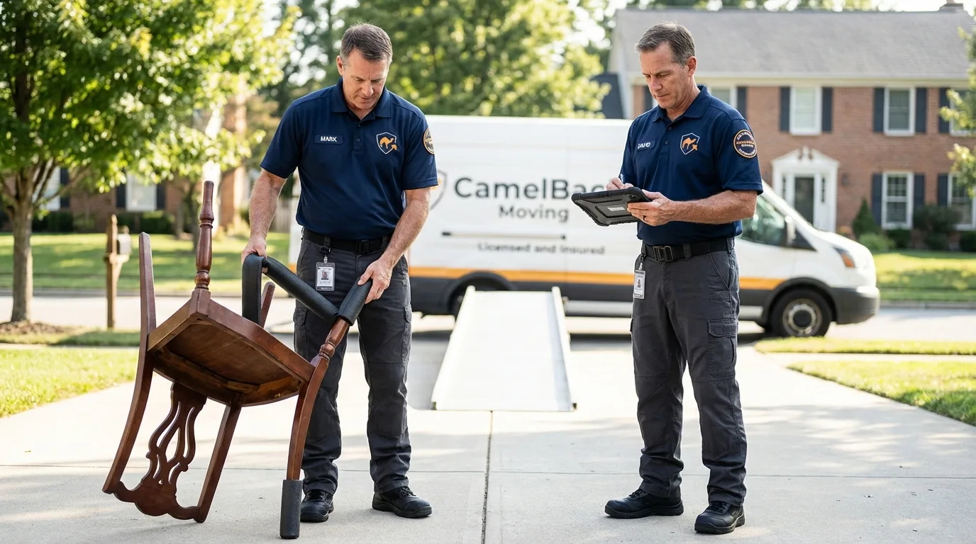 Movers inspecting furniture for damage prevention before loading in Gardendale, AL