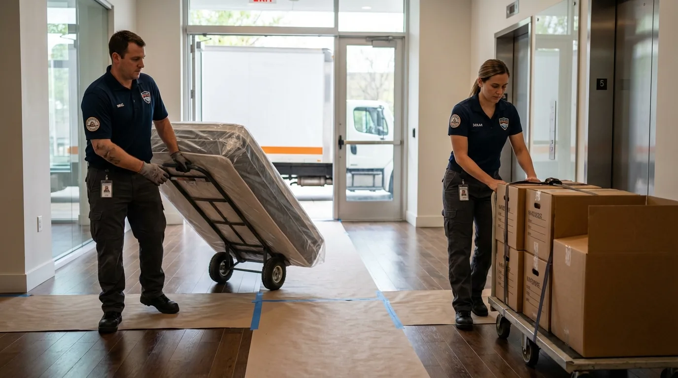 Professional apartment movers loading elevator in Gardendale, AL