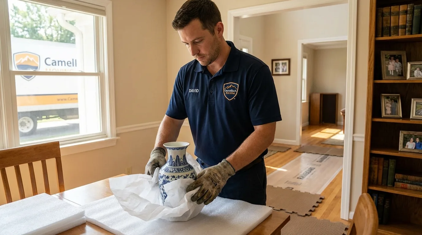 Professional crew carefully wrapping antique vase for senior downsizing move in Gardendale, AL